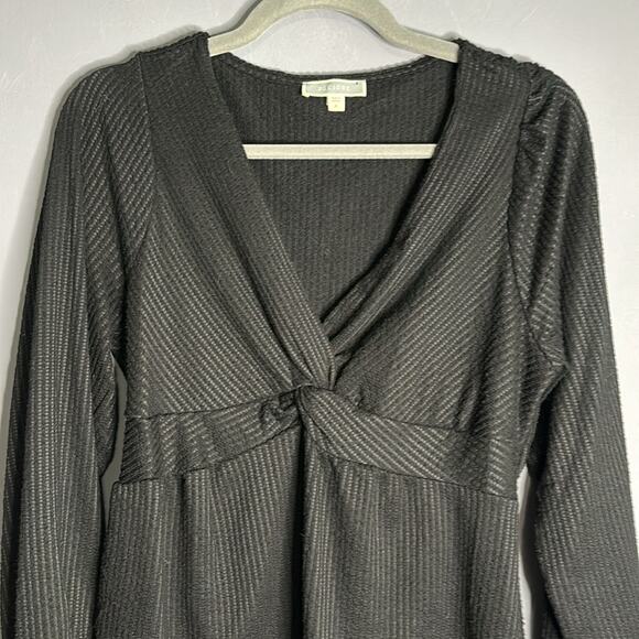 Pleione Black Ribbed Twist Front Peplum Long Sleeve Top Size Medium - Picture 3 of 7